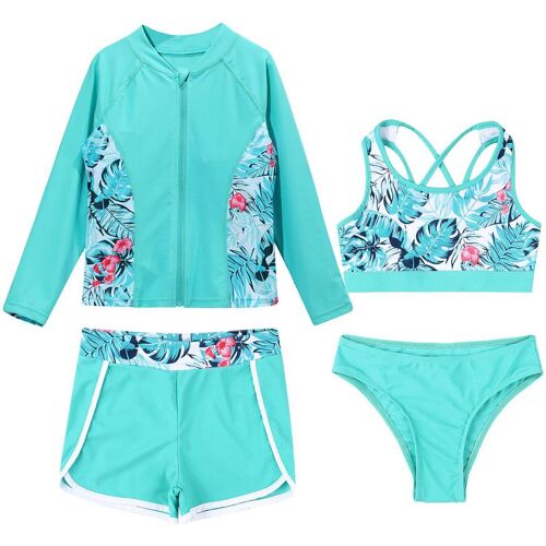Türkisfarbenes Badeanzug-Set mit Blumenmuster, bestehend aus Jacke, Sport-BH, Shorts und Slip.