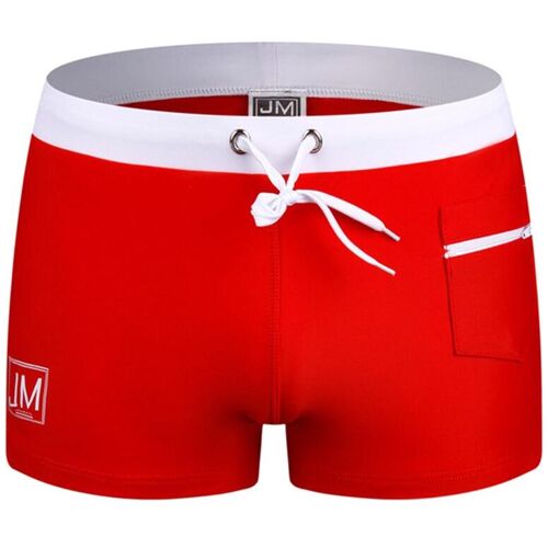 Rote Badehose mit weißem Kordelzug und Seitentasche.
