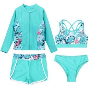 Türkisfarbenes Badeanzug-Set mit Blumenmuster, bestehend aus Jacke, Sport-BH, Shorts und Slip.